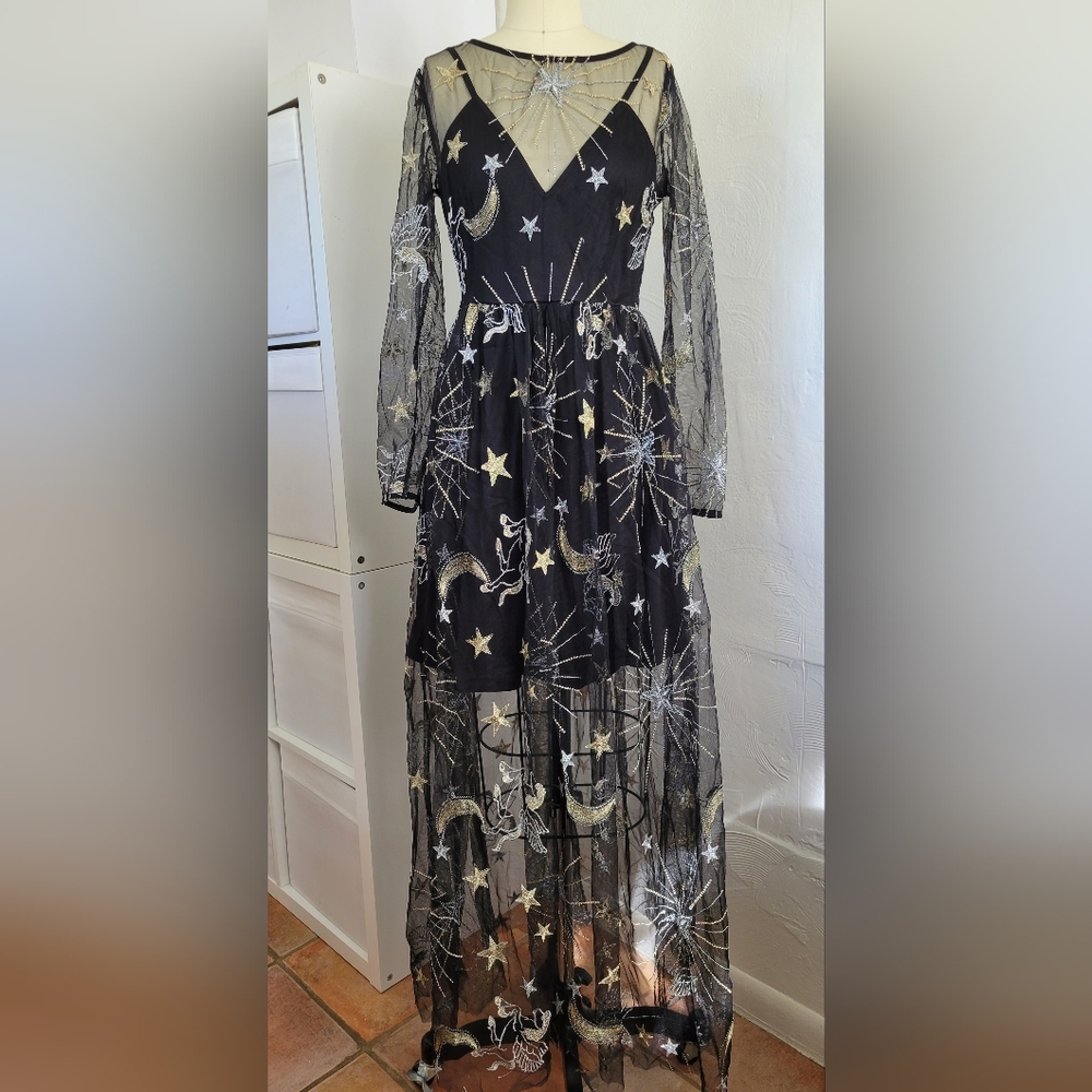NASTY GAL Small Black Pegasus, Star And Moon Embroidery Tulle Maxi Dress